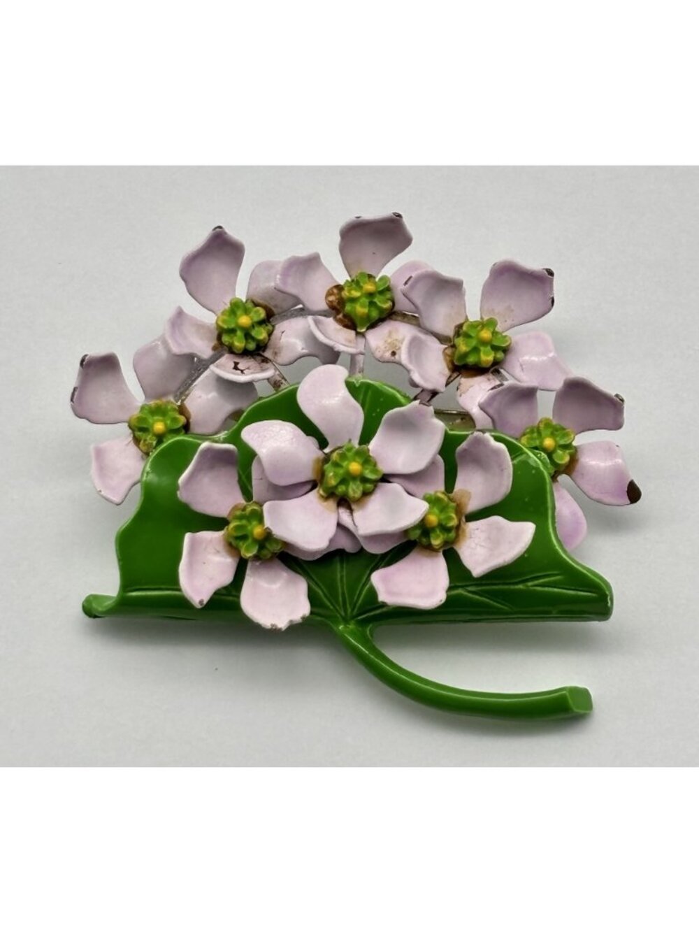 Vintage Enamel Flower Brooch And Clip-On Earrings Dimensional Flowers Pink Green - Picture 11 of 16